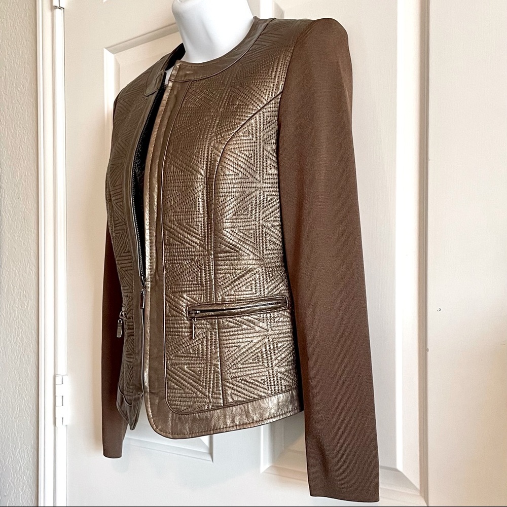 Peter Nygard Bronze Leather & Knit Zip Front Jacket w/ Zipper Pockets - Picture 11 of 11